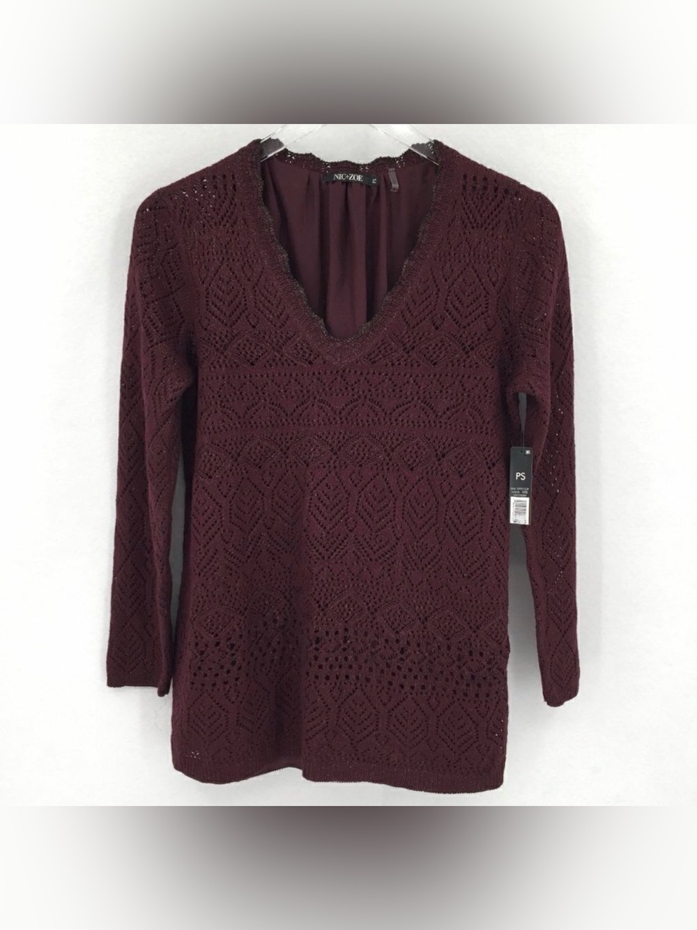 NIC+ZOE Shine On Sweater crochet lace Winterberry burgundy new PETITE Small
